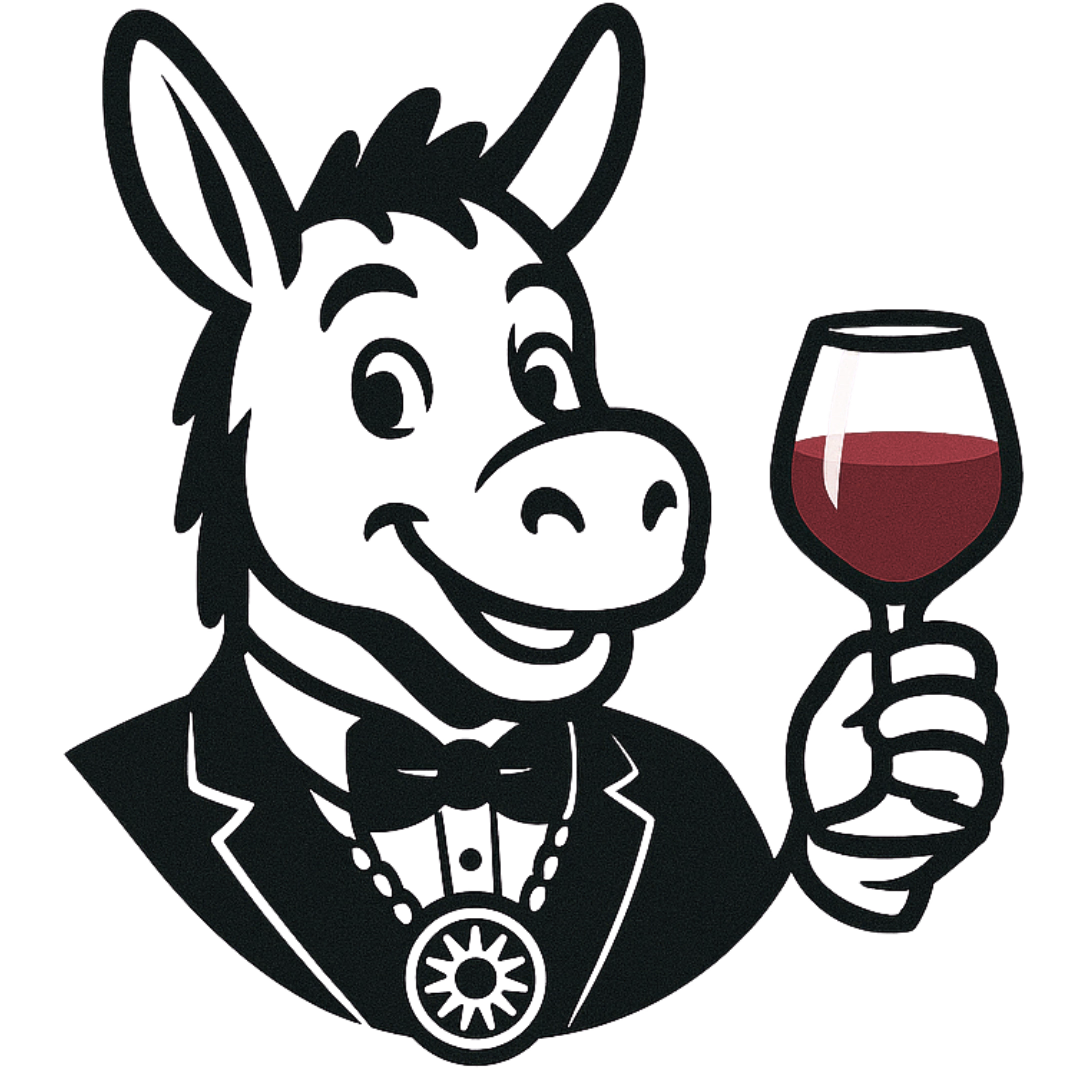 Logo iaVin, un măgăruș cu papion ținând un pahar de vin roșu
