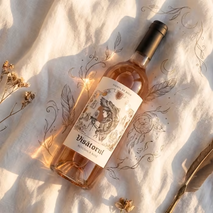 Sticlă de vin Visătorul Busuioacă Rosé din gama Esențe de Basm, așezată pe o țesătură albă, în lumină caldă.
