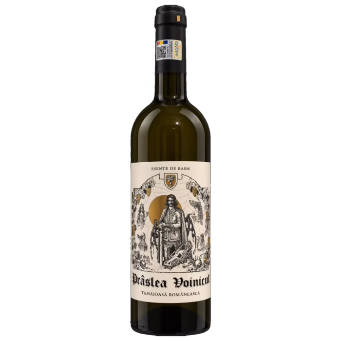 Sticlă de vin Prâslea Voinicul Tămâioasă Românească din gama Esențe de Basm, pe fundal transparent.