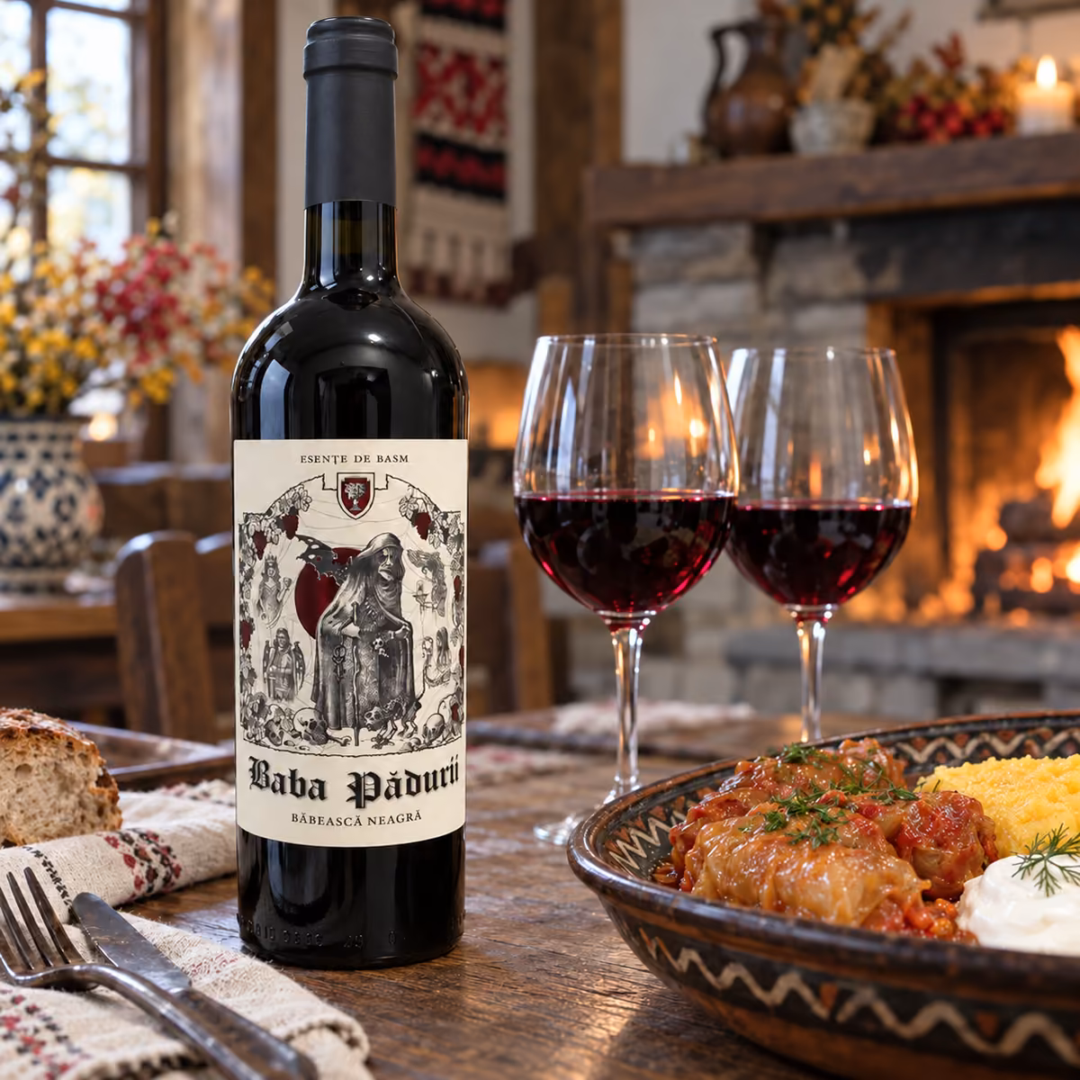 Baba Pădurii Băbească Neagră, Esențe de Basm, pe o masă rustică, alături de două pahare de vin și sarmale