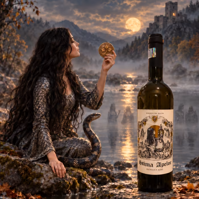 Știma Apelor Fetească Albă, Esențe de Basm, alături de un personaj feminin cu medalion și un șarpe, lângă un lac luminat de lună