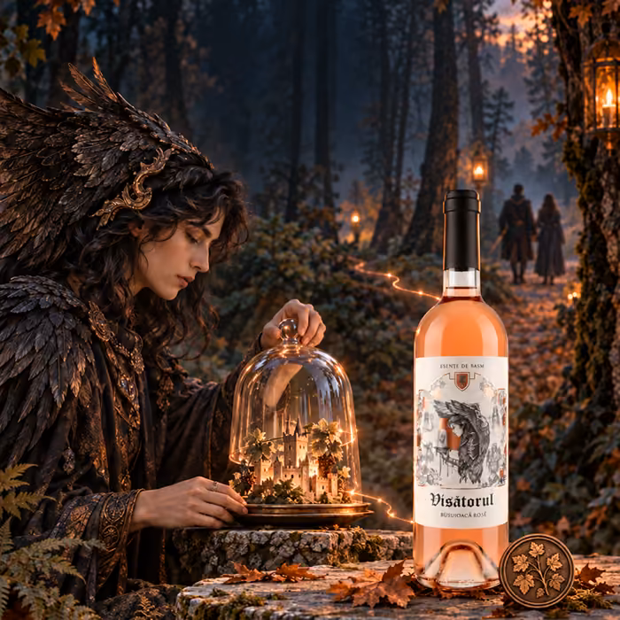 Visătorul Busuioacă Rosé, Esențe de Basm, alături de un personaj fantastic și un castel miniatural sub un clopot de sticlă